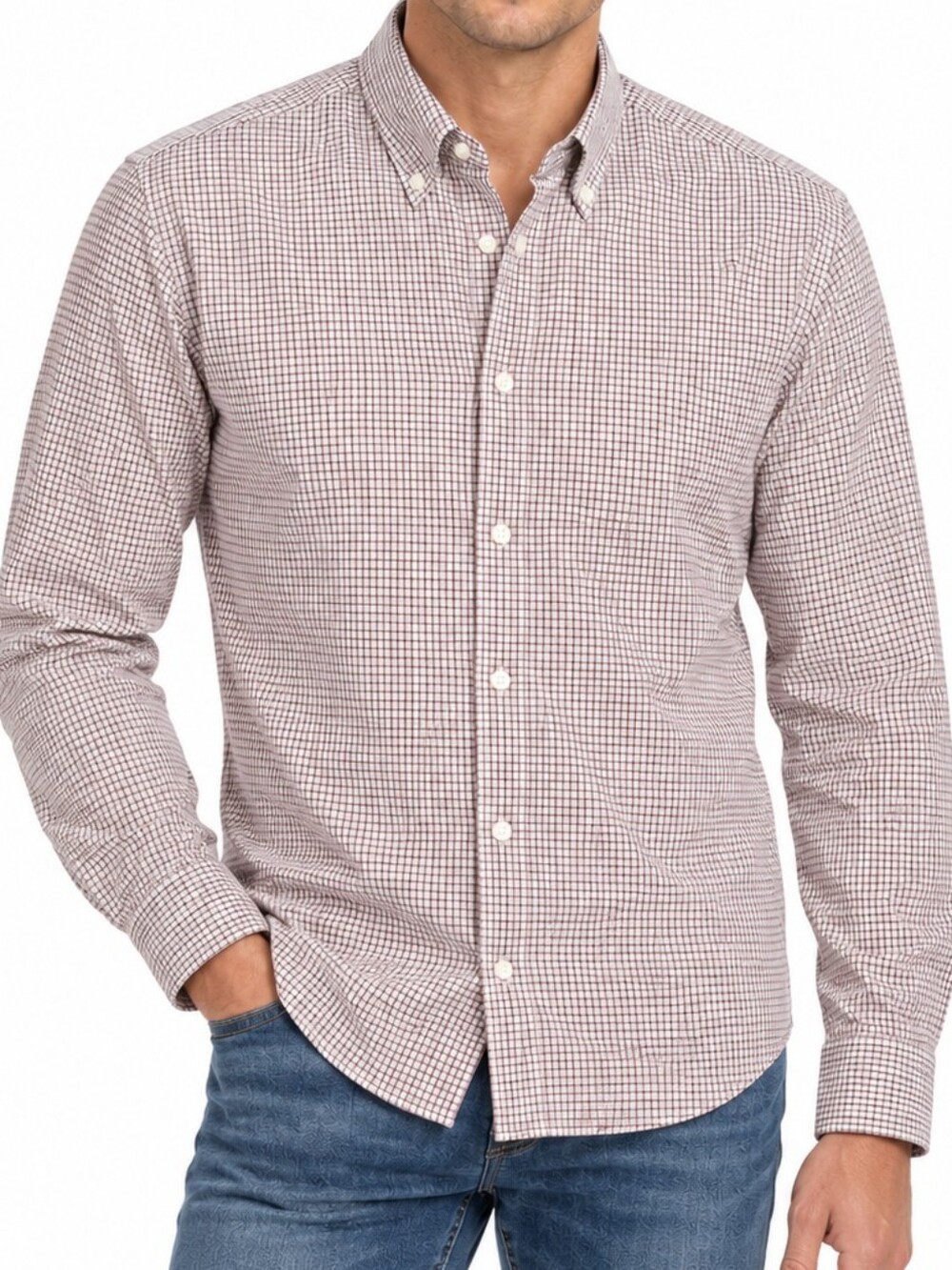 Eddie Bauer Men's Small-Check Button-Down Shirt in White and Wine XL